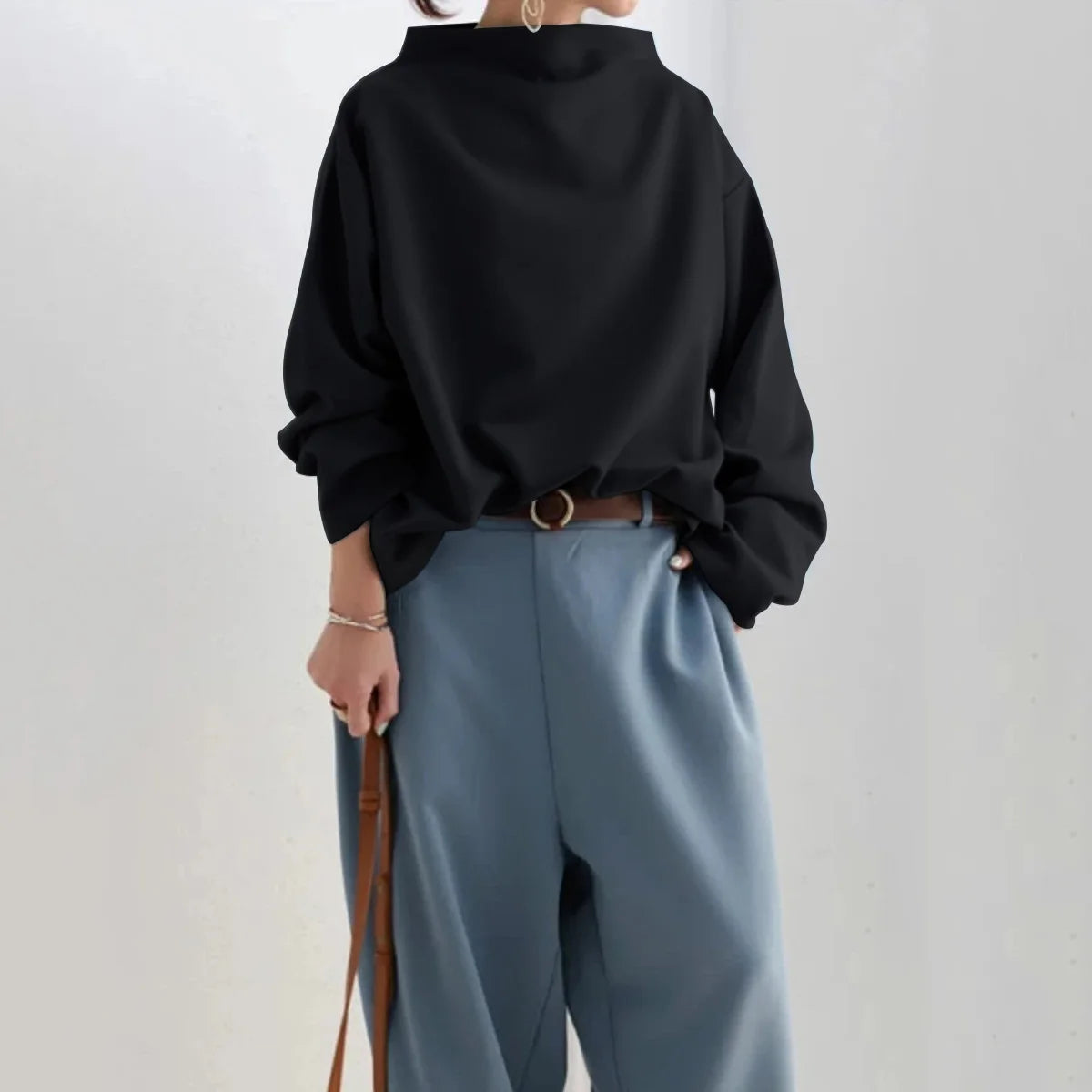 Yeezzi Frühling Weibliche Tops Mode Lässig Einfarbig High-Neck Long Sleeves Baumwolle Schwarz Shirts Für Frauen 2023