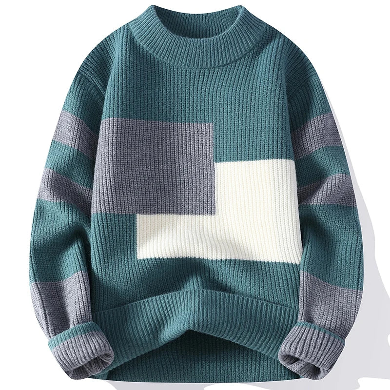 New Fashion Patchwork Knit Pullovers Men Autumn Winter O Neck Loose Warm Knitted Sweater Youthful Vitality Pullover Sweaters Man