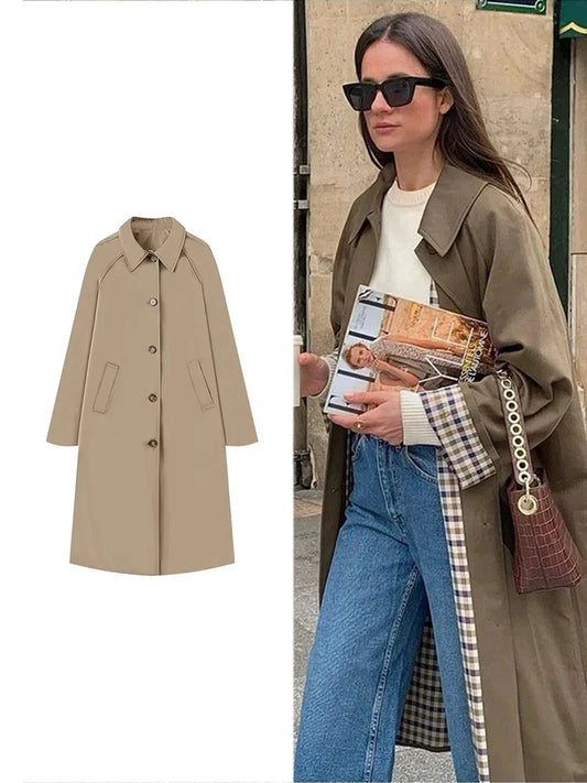 TRAF Damenmode Langer Trenchcoat Jacke Elegant Schick Revers Einfache Jacke Herbst Lose High Street Verdickte Jacke Tops