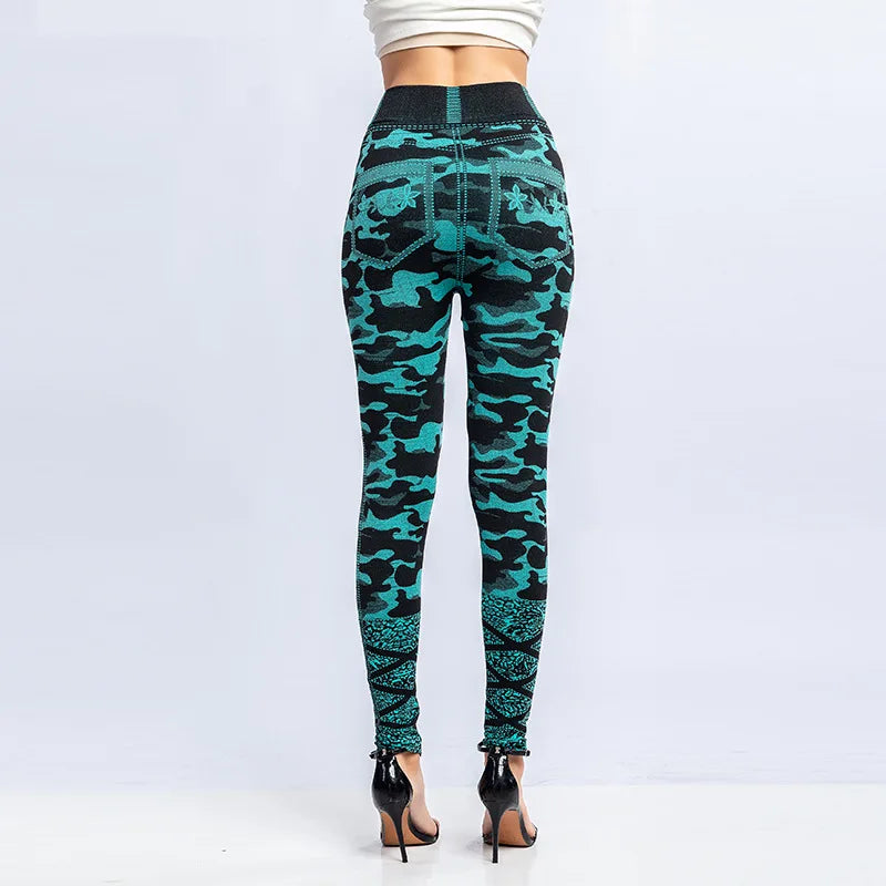 CUHAKCI Women High Waist Green Camouflage Tight Fake Pocket Print Pencil Pants Workout Yoga Leggings Stretch Slim Fit Jeggings