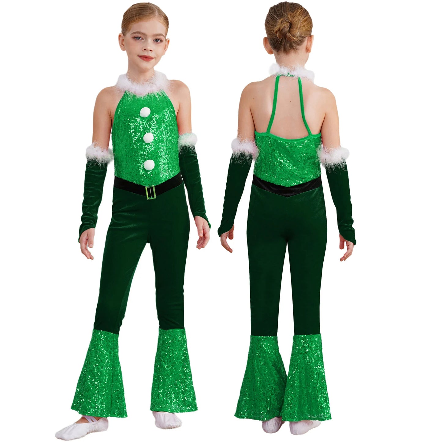 Girls Christmas Costume Santa Claus Velvet Sequins Bell Bottoms Jumpsuit with Arm Sleeve Merry Xmas Holiday Festive Outfits