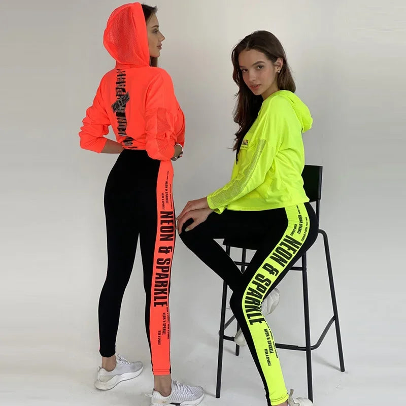 Oshoplive weibliche Mode Kontrast farbe irisierende Patchwork Mesh Hoodies & Leggings passt Sport lauf Sportswear neu