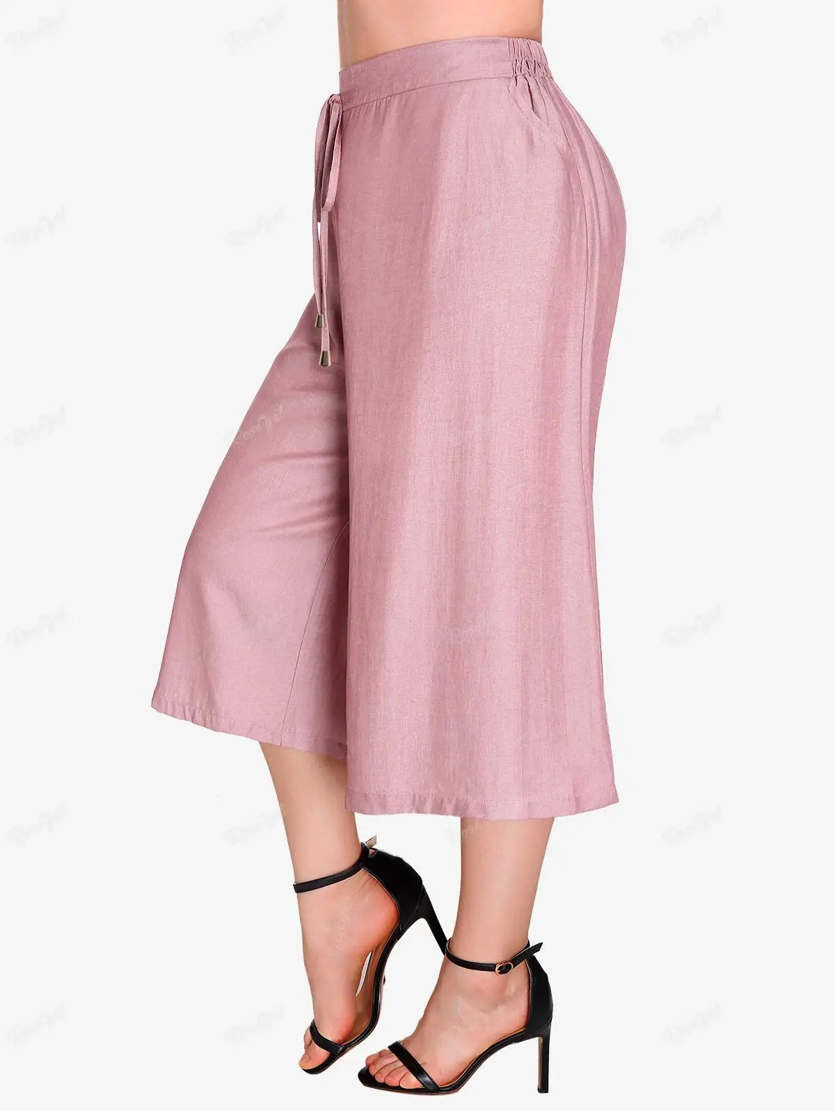 Rosegal Plus Size Schnür Culotte Hose mit Tasche hellrosa Frauen Frühling Sommer elastische Taille weites Bein Midi Hose Mujer