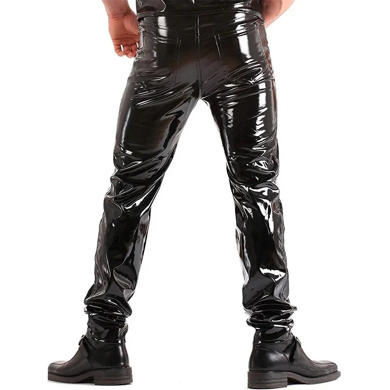 Men's Shiny Patent Leather Pants Mid Waist Faux Latex Trousers Wet Look Stretch PU Bodycon Pants Man PVC Clubwear Costume Custom