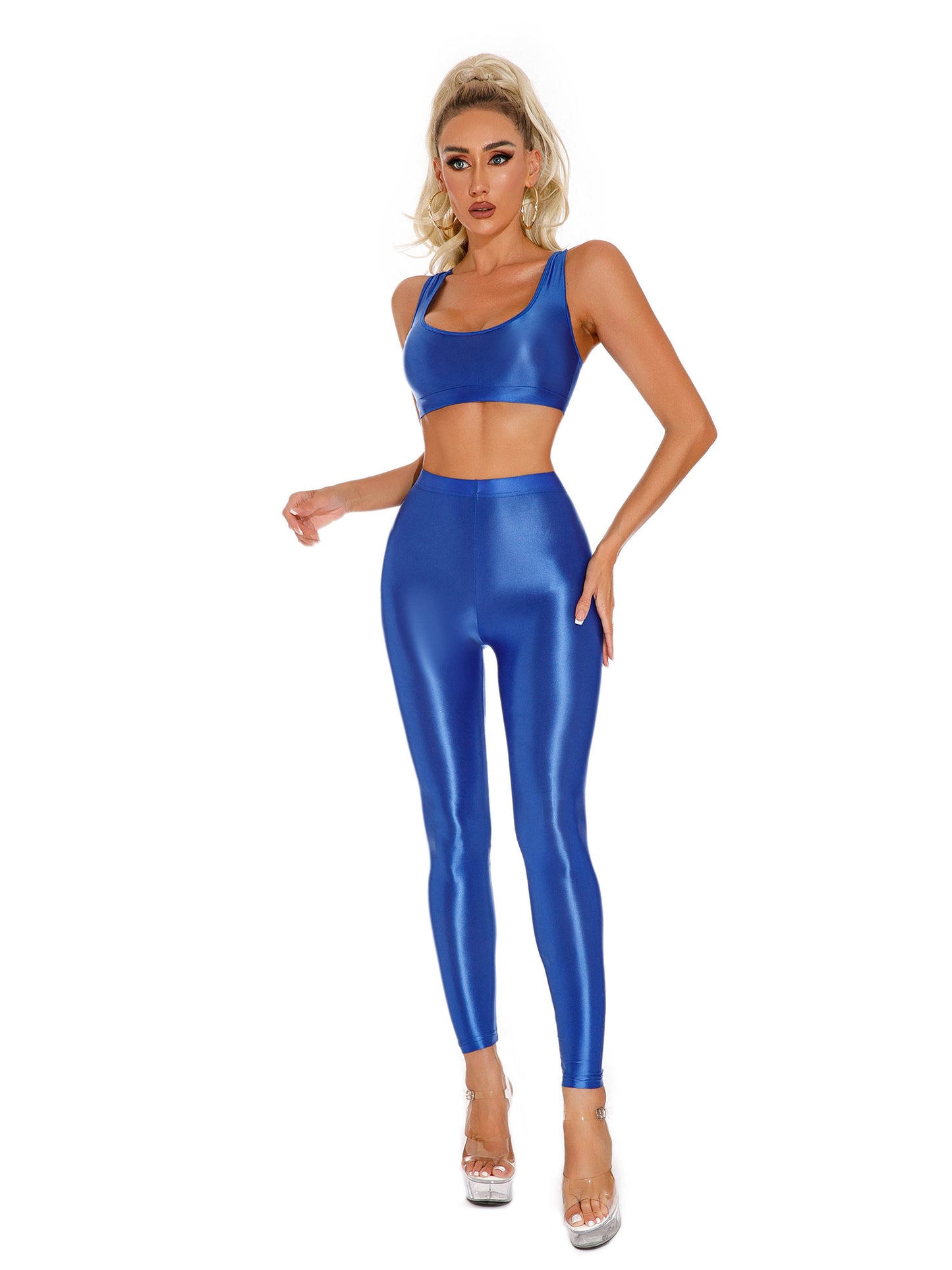 Damen glänzendes Öl ärmelloses U-Ausschnitt Racer back Crop Top mit Leggings für Tanz Yoga Sport Gym Fitness Übung Active wear