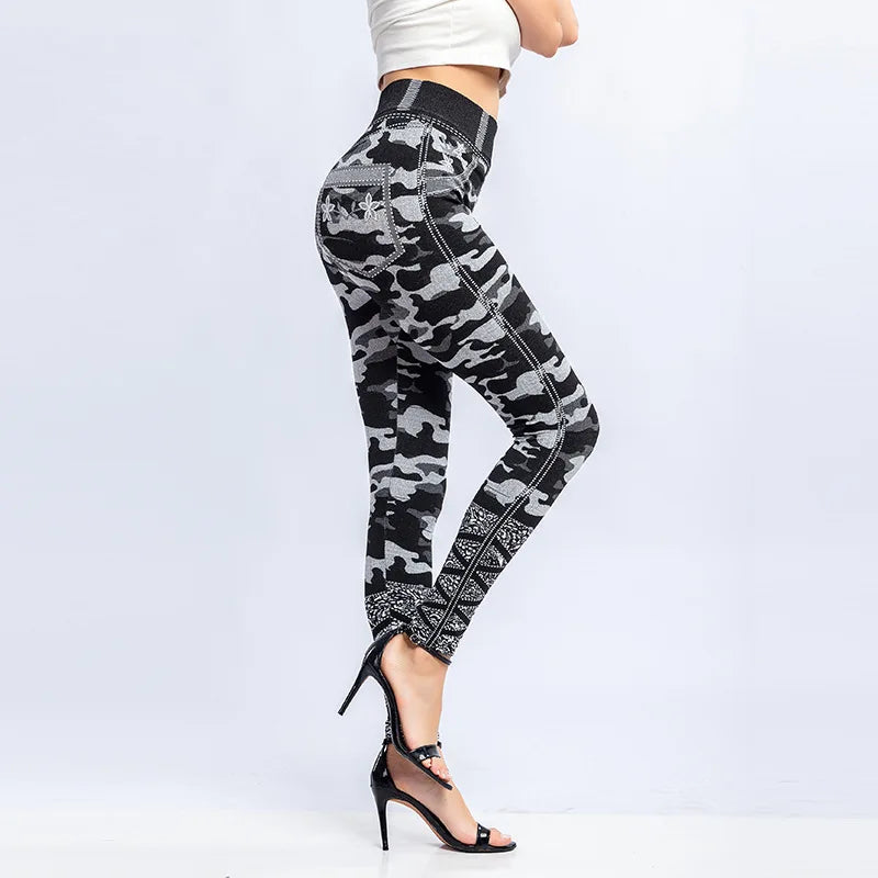CUHAKCI printed camouflage leggings for women's seamless denim sports high waisted tight pants, fitness sexy long pants, elastic
