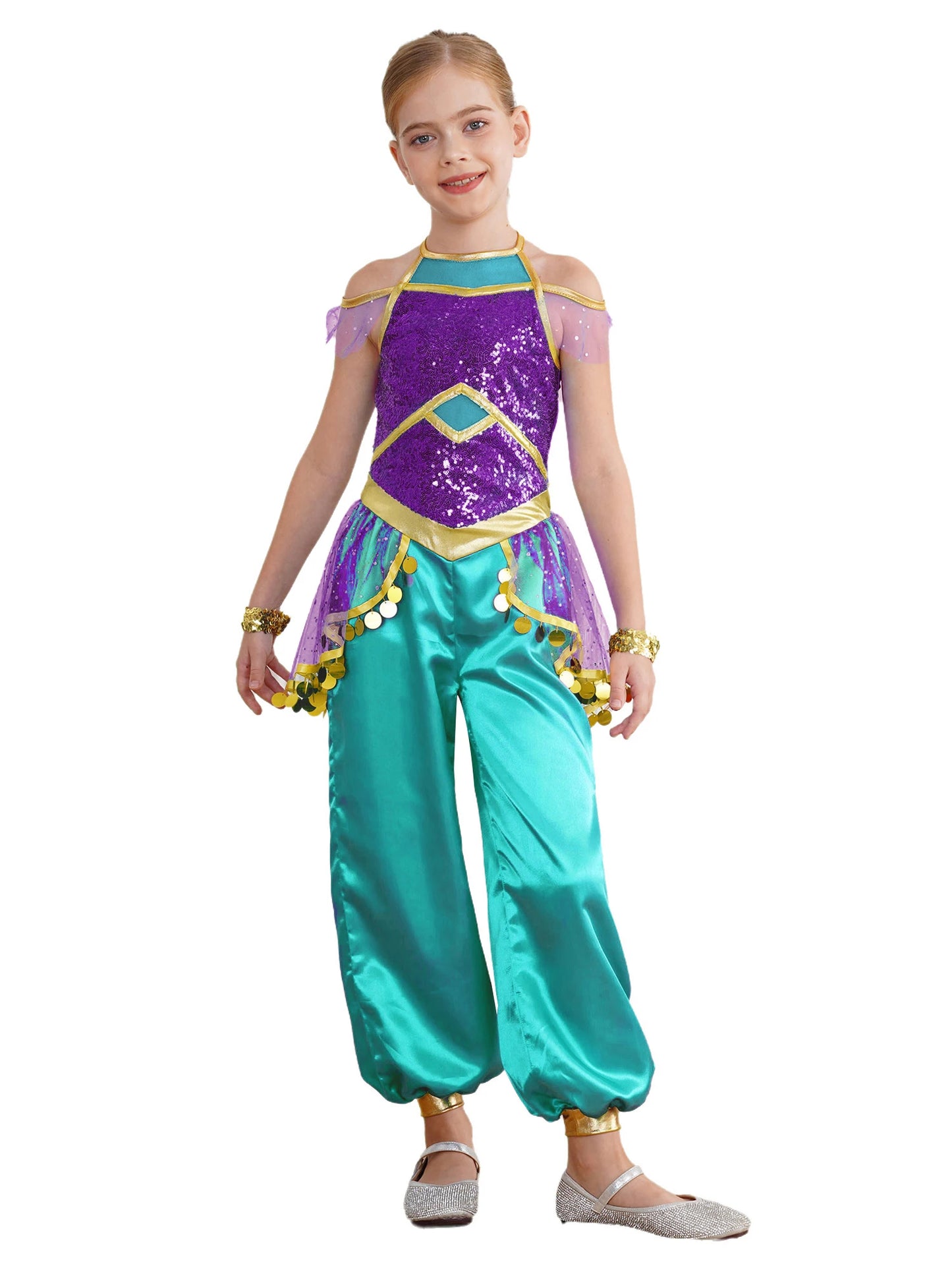 KIds Girls Arabian Princess Costume Indian Bollywood Belly Dance Jumpsuit Halloween Party Fairy Tale Pretend Play Fancy Dress