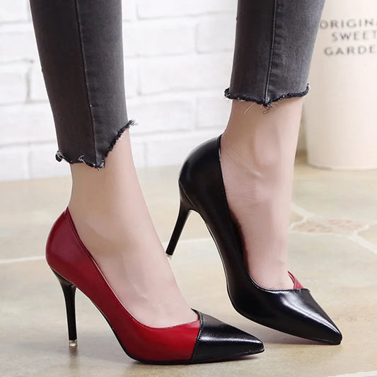 Rimocy 2023 Patchwork Stiletto Heels Pumps Women Pointed Toe Shallow Pu Leather Shoes for Woman Mix Color High Heels Party Shoes