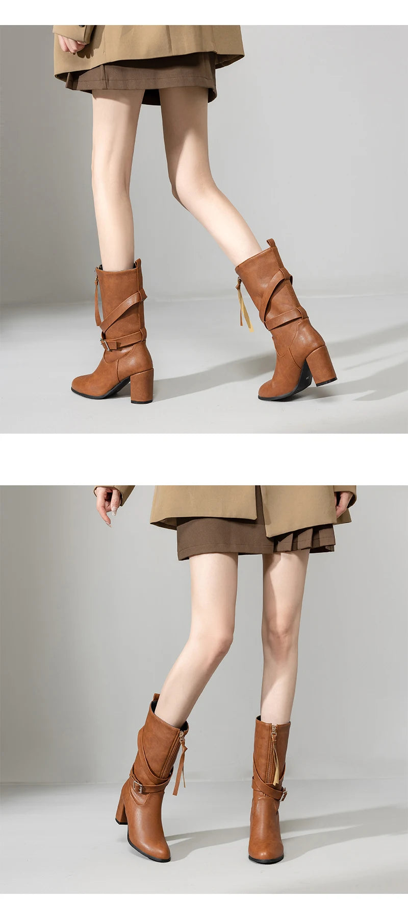 Plus Size Cross Thin Strap Metall Gürtels chnalle Front Reiß verschluss Damen Westerns tiefel runde Zehen dicke Ferse Plüsch innere Mitte der Wade Stiefel