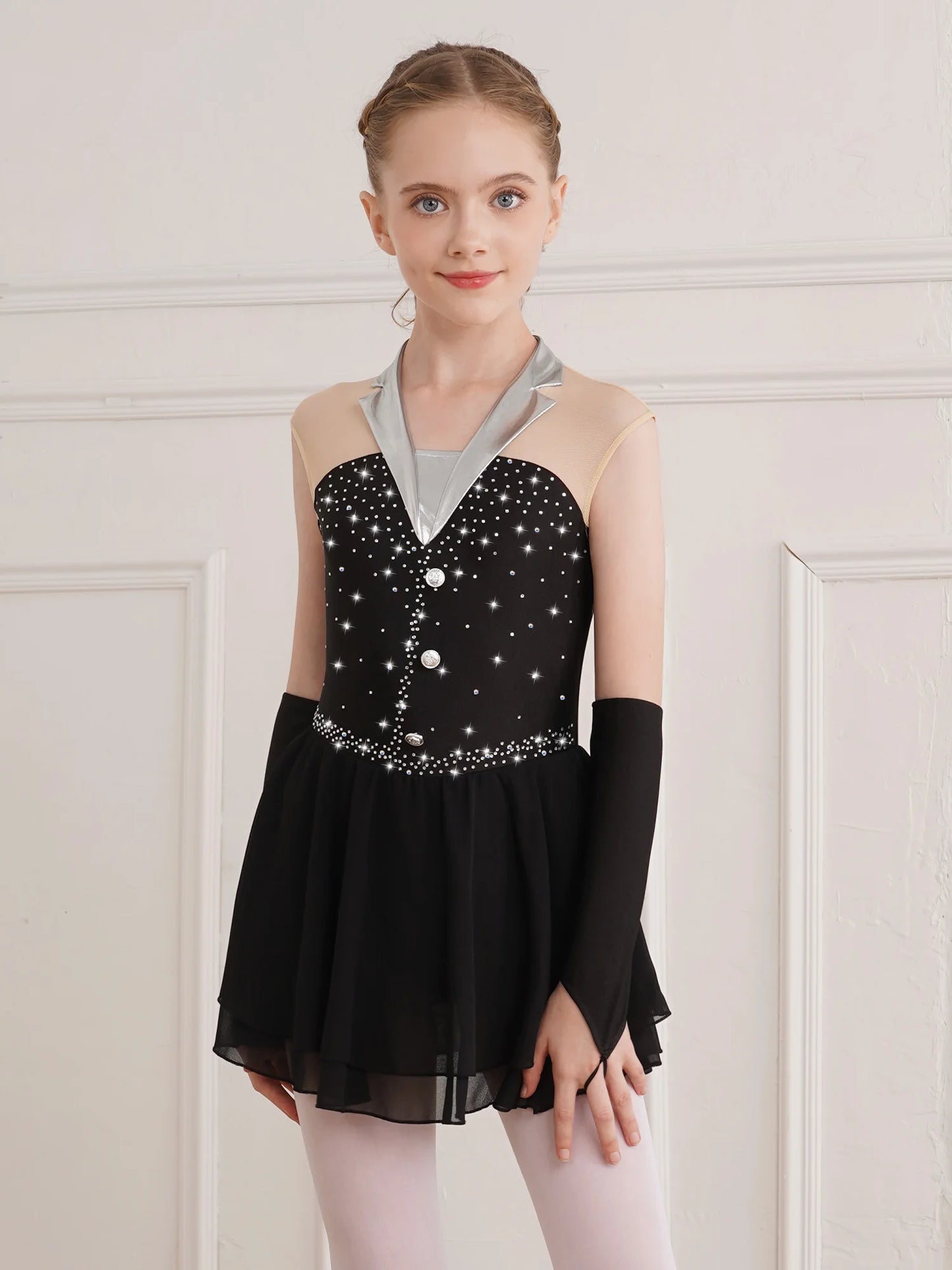 Kids Girls Figure Skating Costume Sequins Ballet Dance Dress with Fingerless Gloves Gymnastics Skirted Leotard Lyrical Dancewear