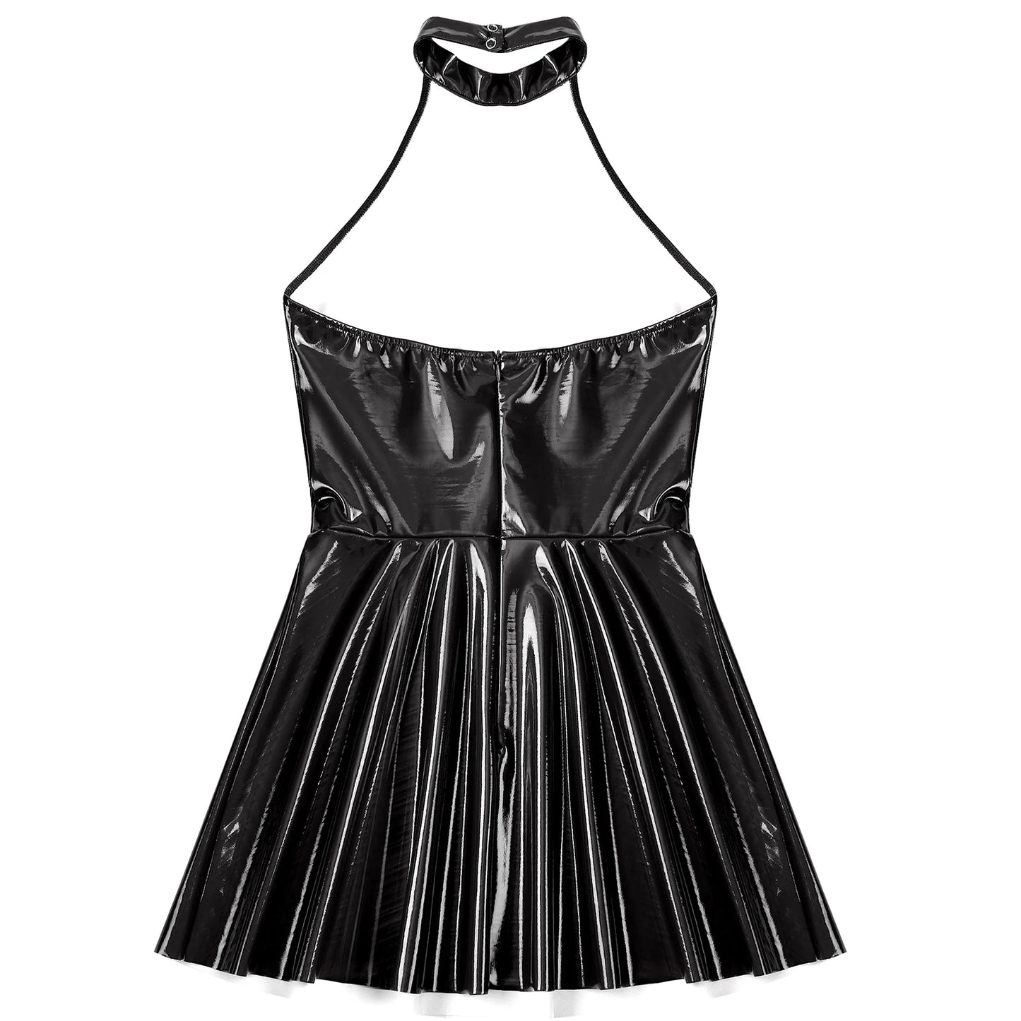 Damen Wet Look Lack leder Halfter rücken frei Skater Mini A-Linie Kleid Vinyl Latex glänzend Cocktail Party Club Kleider Clubwear