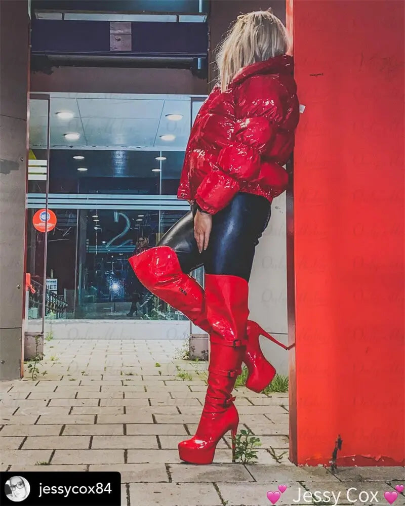 Only maker Frauen Plattform runde Zehen Stiletto Seite Reiß verschluss über dem Knie hohe Stiefel Lack leder rot Mode sexy Winters tiefel