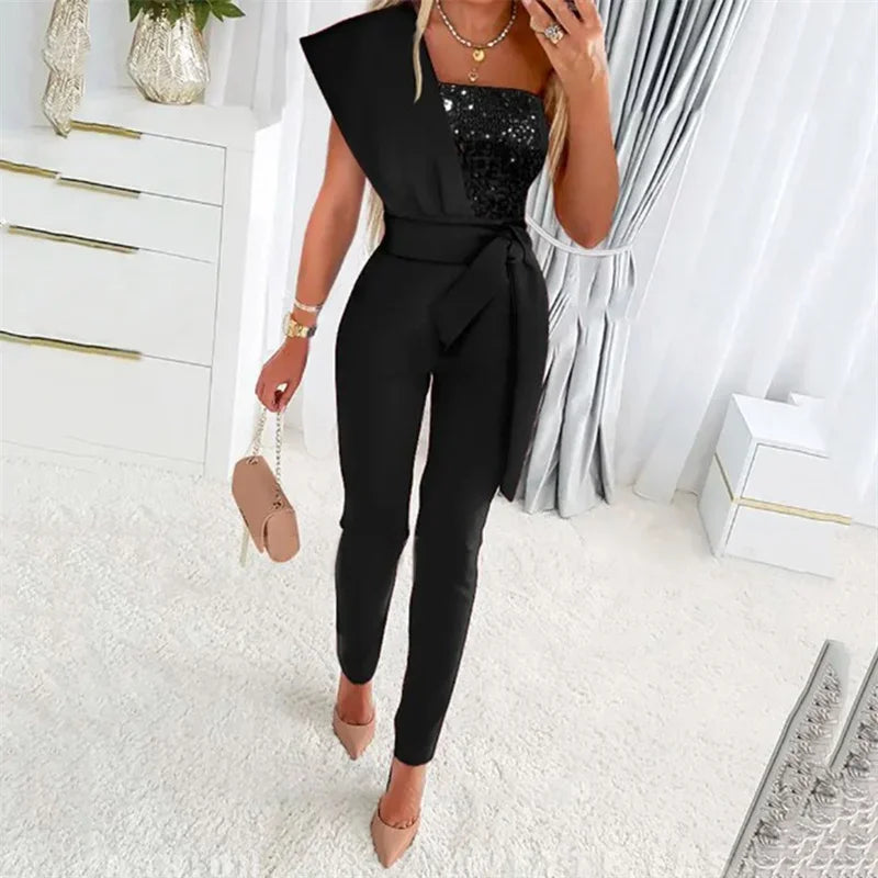 Mode Pailletten Dekoration Eine Schulter Backless Overall Frauen Weibliche Slim Fit Stretch Spitze-up Hohe Taille Zurück Zipper Strampler