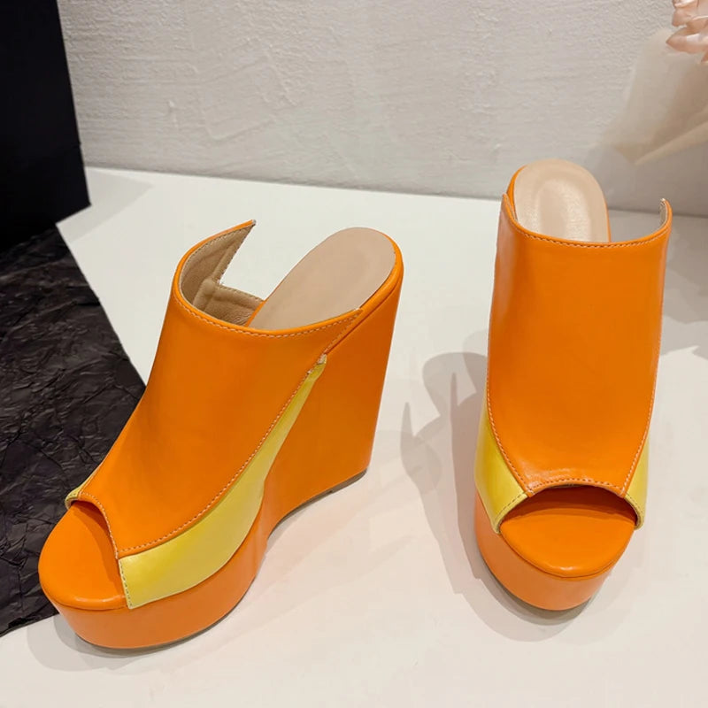 Liyke 2024 neue orange Leder Frauen Plattform Keile Hausschuhe sexy Peep Toe Super High Heels Sandalen Sommer Party Kleid Schuhe