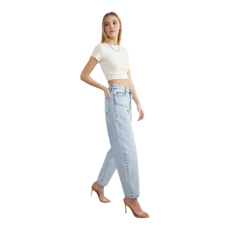 Trendyol TYZA Hellblaue Damen-Jeans mit hoher Taille, 2024, Herbst, 100 % Baumwolle, Denim, Straßenhose, lockere Karottenhose