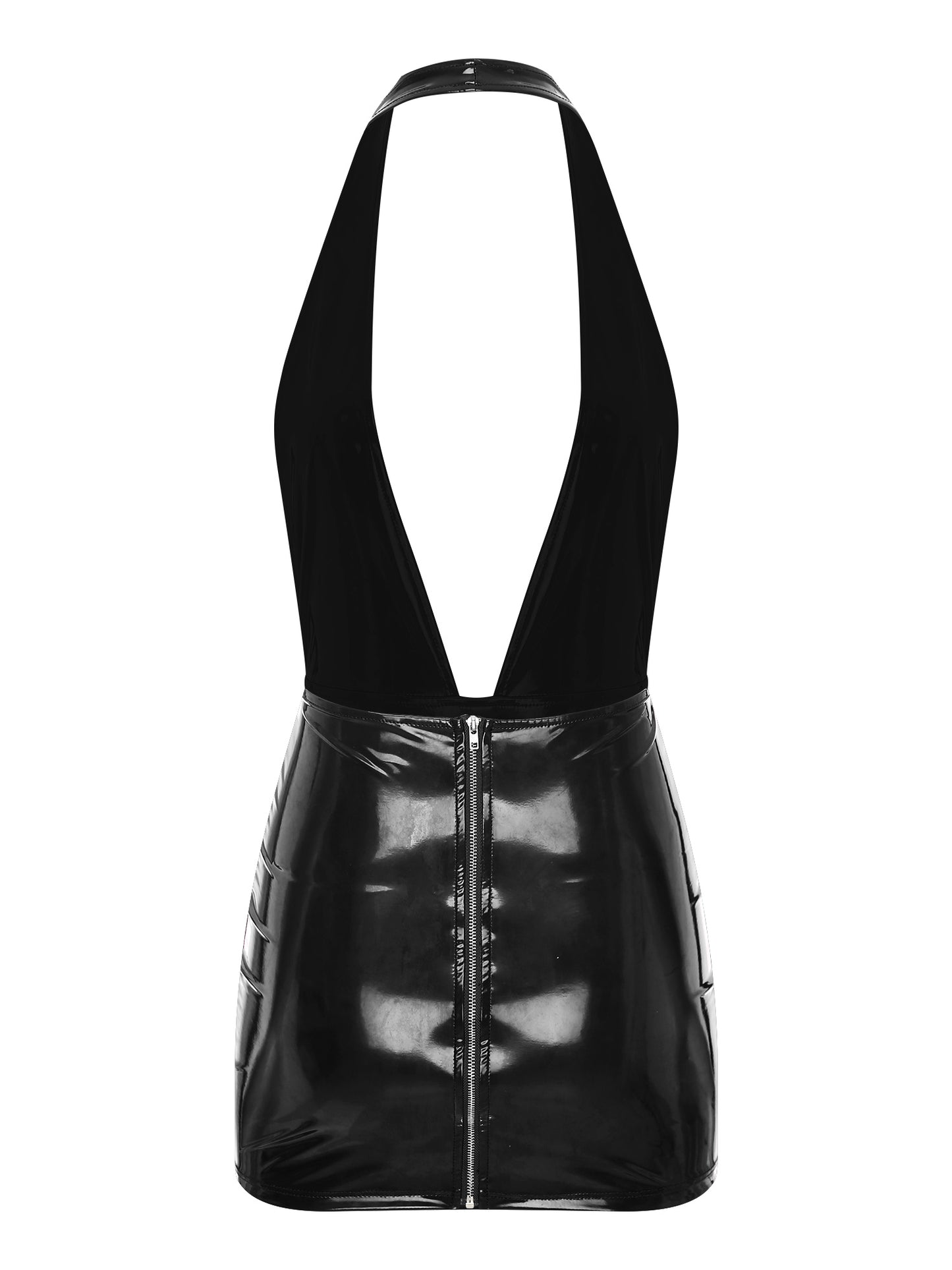 Damen Wet Look Kunstleder sexy Deep V-Ausschnitt Club Kleid Neck holder Hals rücken frei Reiß verschluss Mini kleider Bodycon Latex Clubwear