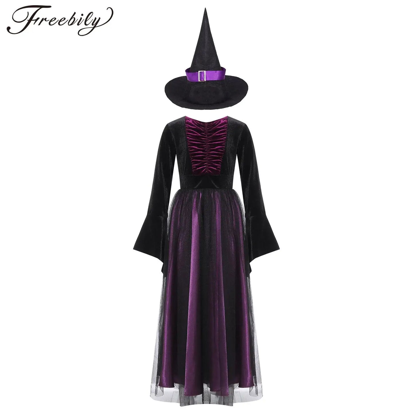 Kids Girls Witch Costume Velvet Long Sleeve Halloween Carnival Cosplay Roleplay Dress with Pointed Hat Prom Dress Up Clothes