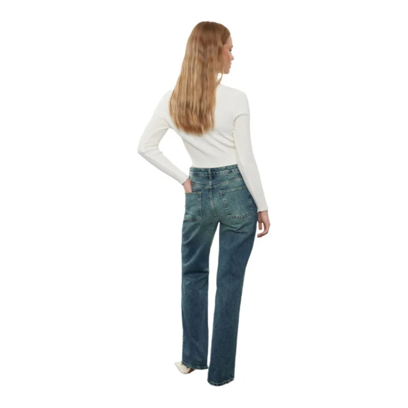 Trendyol TYZA Damen-Jeans, lässig, taschenlos, Denim, einfarbig, weites Bein, Gürtel, Jeans, weites Bein, Freizeithose