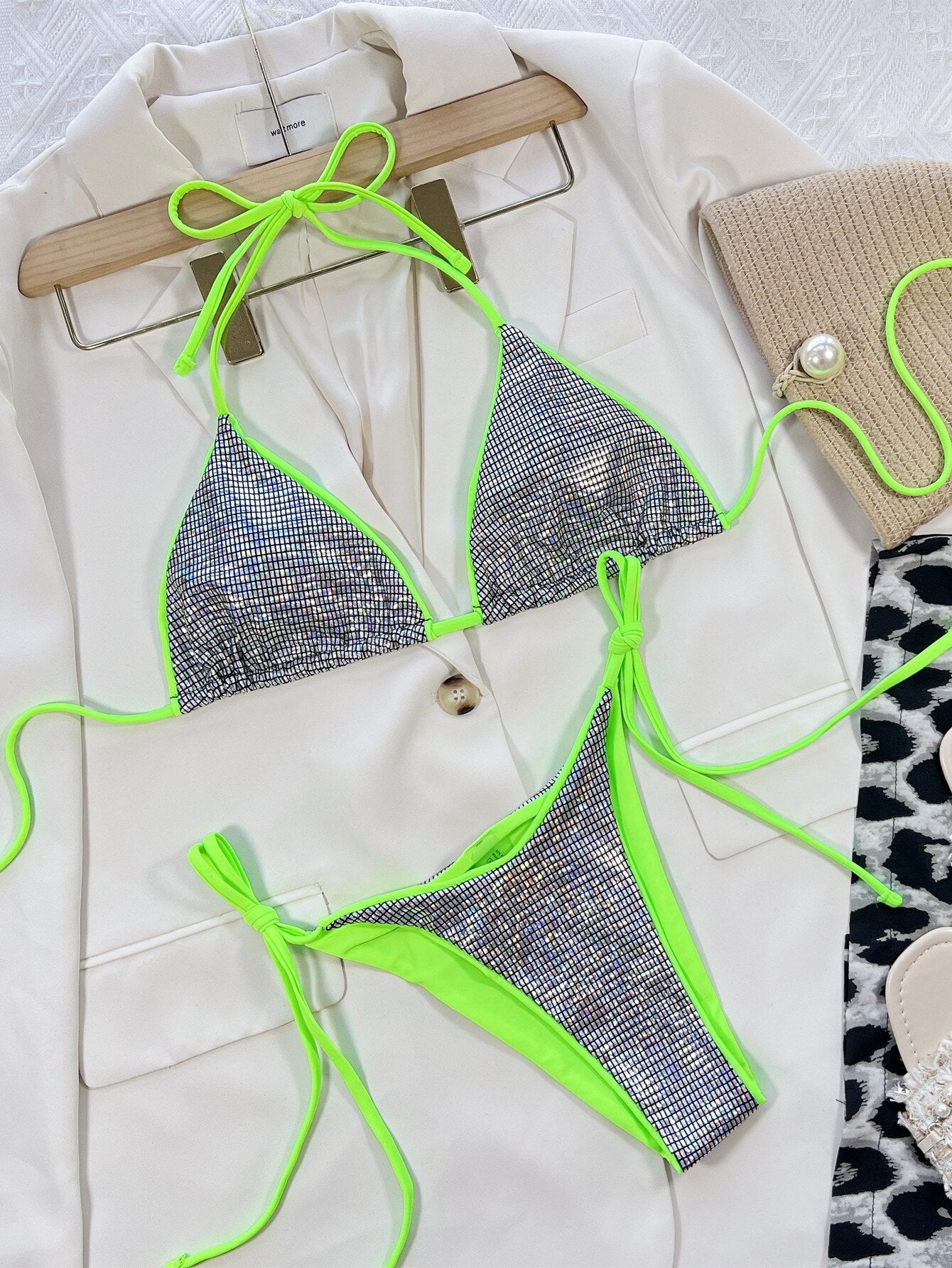 2023 String Push Up Swimwear Split Cheeky Swimsuit Ladies Halter Striangle Leopard Printed 2 Piece Bikini Sets For Women