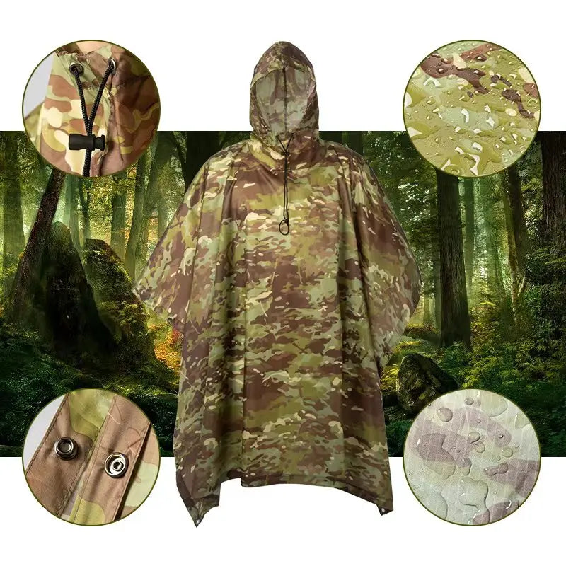 Camo Hunting Ghillie Suits Rain Poncho Polyester+PU Waterproof Raincoat Environmental Emergency Rain Poncho Outdoor Sportswear