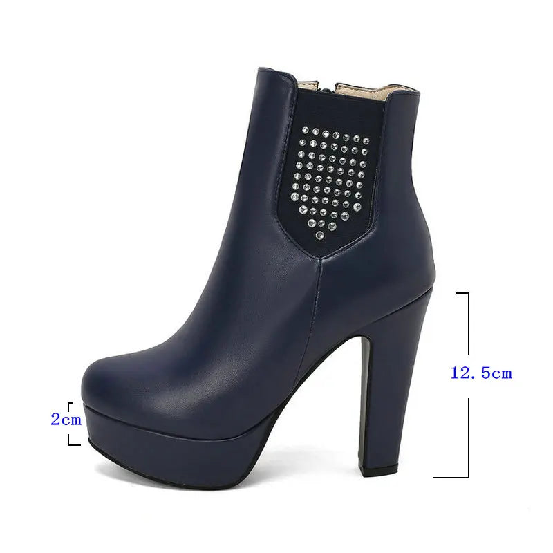 2024 Frauen Stiefeletten Plattform quadratische High Heel Damen kurze Stiefel Pu Leder runde Zehen Reiß verschluss Mode Kleid Frauen Stiefel