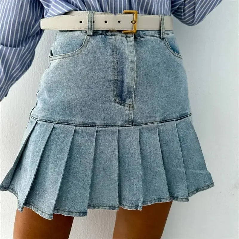 Süße Stil Spleißen Plissee Saum Denim Rock Frauen Sommer Mode Lässig Hohe Taille Taste Patchwork Weibliche Halbkörper Kleid neue