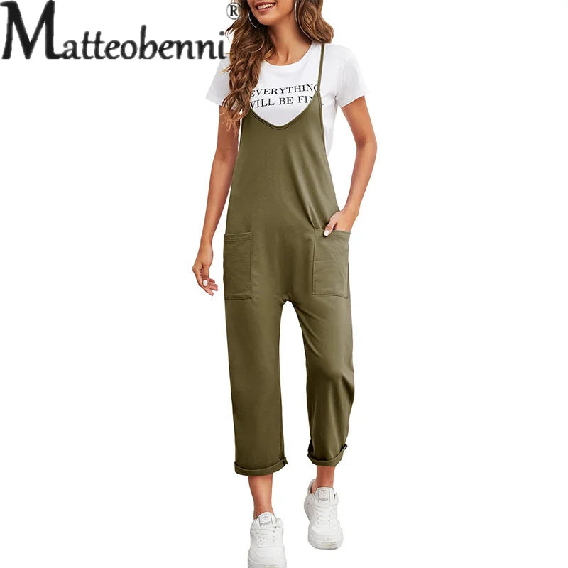 Sommer frauen Schlinge Overall Einfarbig Casual Spleißen Tasche Ein Stück Outfits Weibliche Neue Lose Bodysuit Gerade Lange Hosen