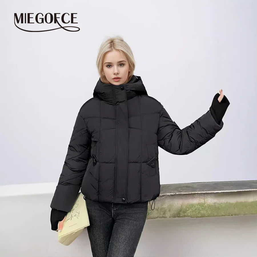 MIEGOFCE Frühling Herbst Kurze Frauen Jacke Große Tasche Stehkragen Mit Kapuze Mantel Warme Gestrickte Gewinde Hülse Parka MZ-24585