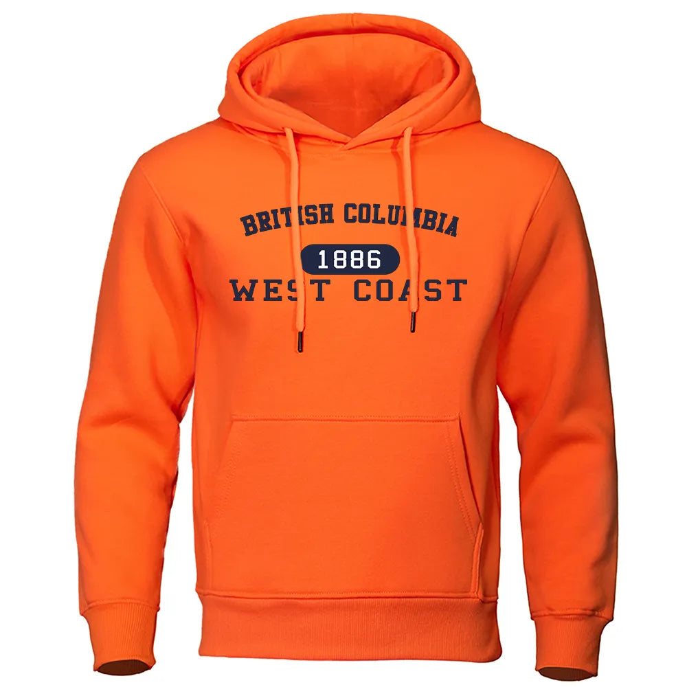 British Columbia 1886 West Coast Letter Mans Hoodie Soft Pocket Hoody Autumn Crewneck Streetwear Autumn Fleece Female Streetwear