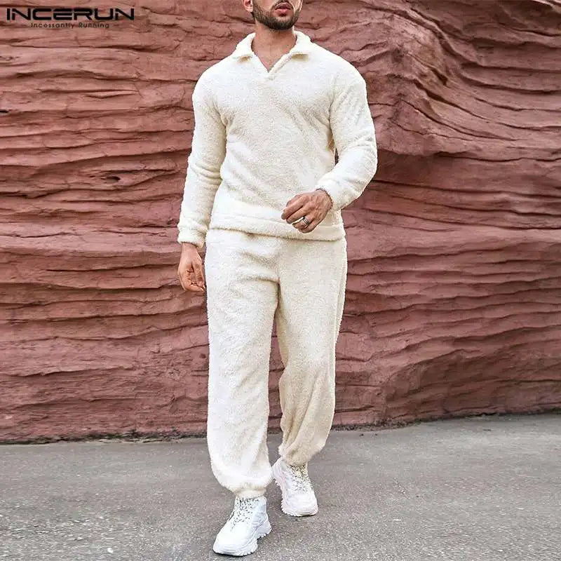 INCERUN Men Sets Solid Color Plush Fleece V Neck Long Sleeve T Shirt & Pants Two Pieces Sets Streetwear 2024 Casual Men's Suits