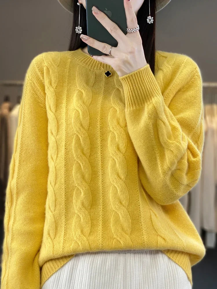 Frauen Winter Pullover 100% Merino Wolle Dicke Warme Oansatz Pullover Twist Blume Kaschmir Strickwaren Casual Koreanische Beliebte Kleidung