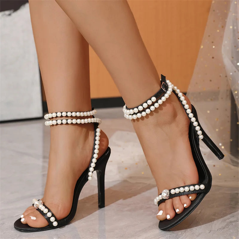 Liyke Elegant Women Party Wedding Pink Sandals Fashion Pearl Ankle Strap Summer Sexy Open Toe Gladiator High Heels Ladies Shoes