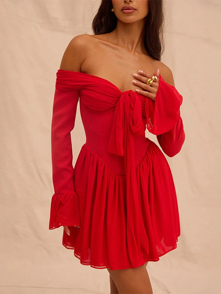 Mozision Elegant Strapless Backless Sexy Mini Dress For Women Red Off-shoulder Long Flare Sleeve Pleated Club Party Dress 2024