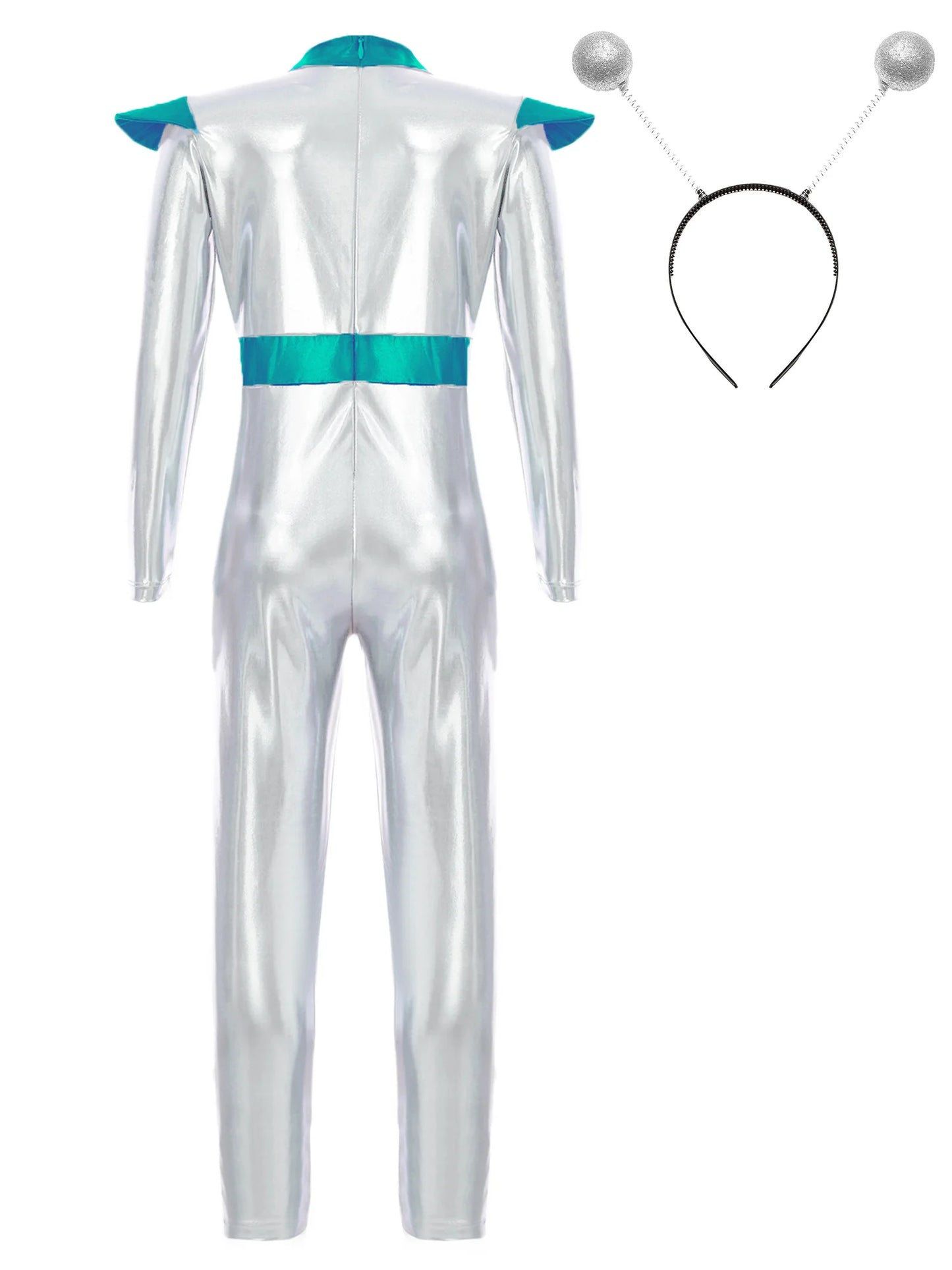 Kinder Mädchen Alien Kostüm Weltraum Kadett Holographische Metallic Ganzkörper Bodysuit Overall Halloween Party Cosplay Dress Up