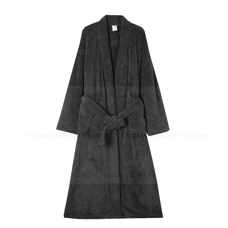 Verdickte warme Fleece-Duschroben, langer Kimono-Bademantel für Herren, lockere Nachtwäsche, Paar-Peignoir-Kleid mit Tasche, weiche Loungewear