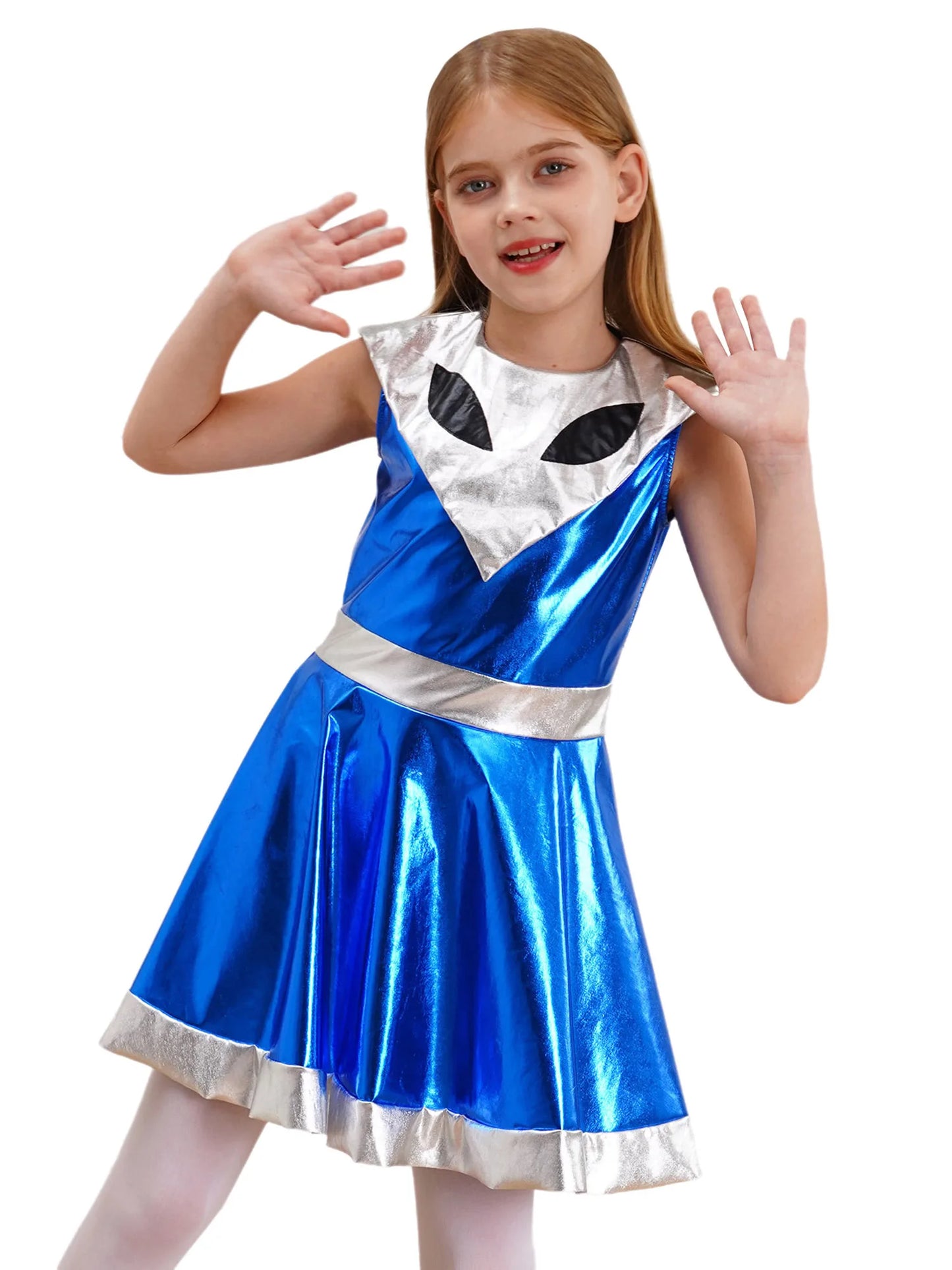 Kinder Mädchen Galaxy Outer Space Cutie Kostüm Halloween Alien Shiny Metallic A-Linie Kleider für Karneval Festivals Cosplay Party