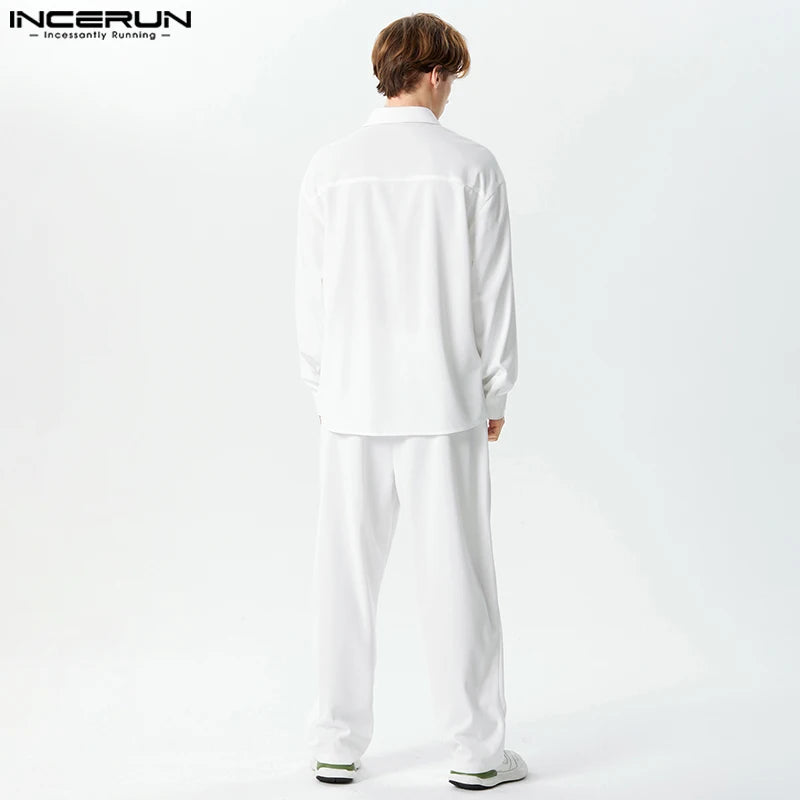 INCERUN Men's Sets Solid Color Streetwear 2024 Lapel Long Sleeve Shirt & Pants Two Pieces Sets Loose Fashion Men Casual Suits