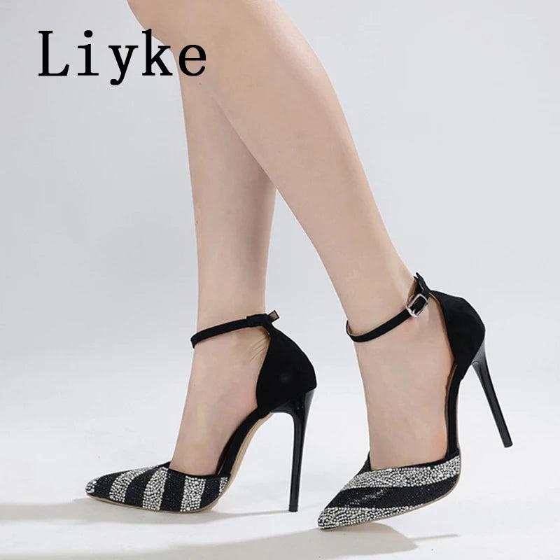 Liyke Big Size 42 Rhinestone Women Pumps Sandals Sexy Crystal Pointed Toe Slingback High Heels Party Dress Shoes Zapatos Mujer