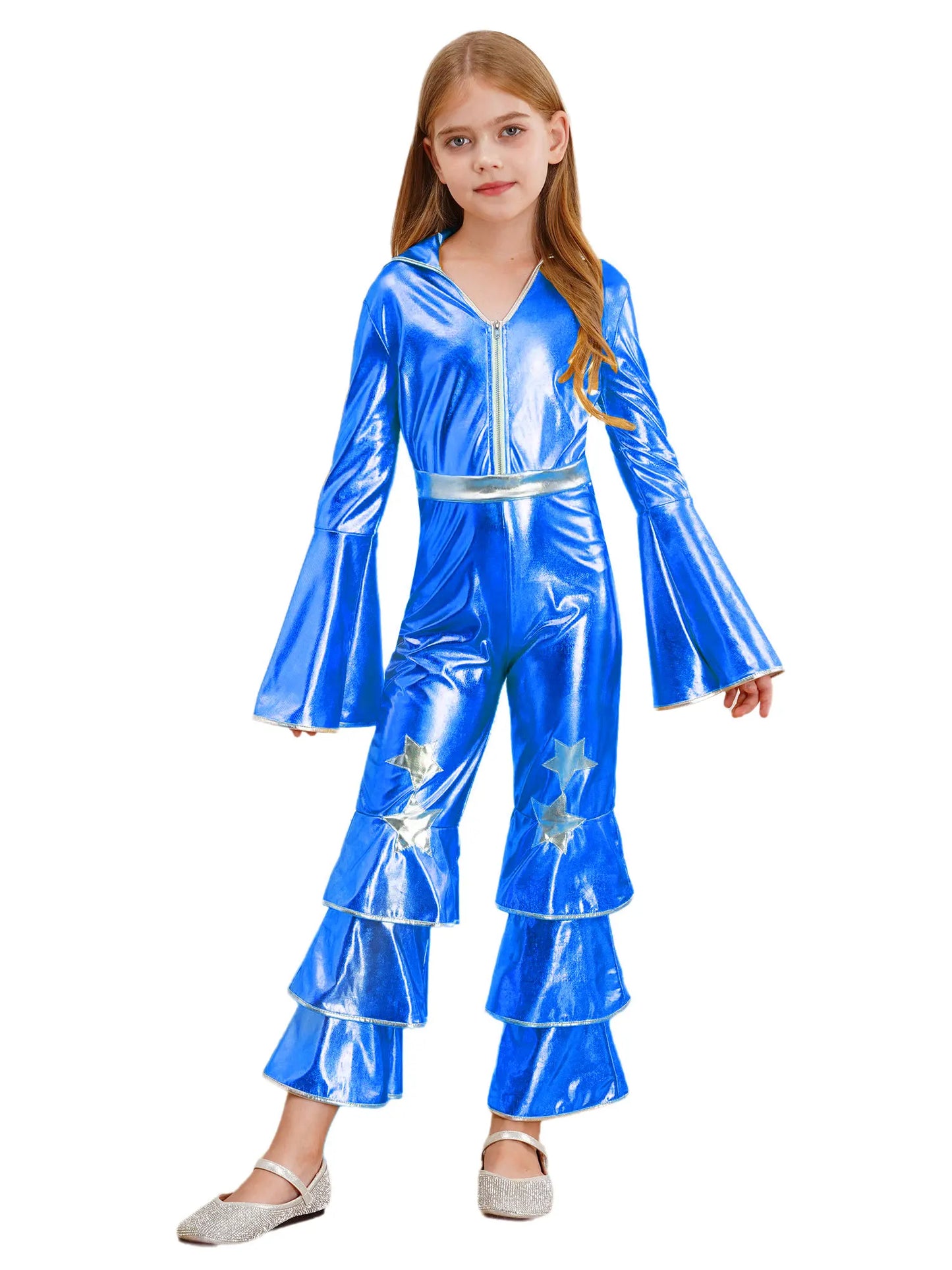 Kids Girls 70s 80s Disco Costume Metallic Flare Sleeve Ruffle Bell Bottom Jumpsuit Halloween Cosplay Funky Dancing Bodysuit