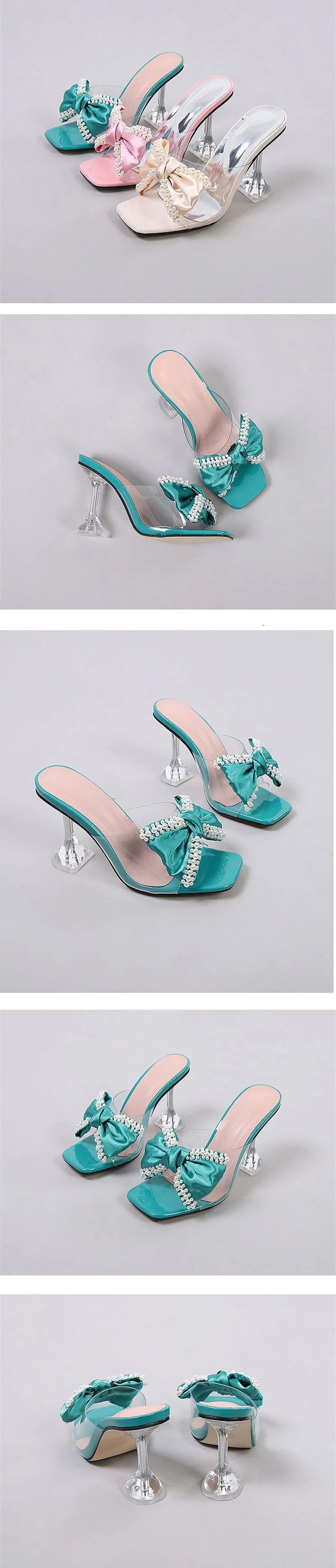 Liyke 2024 neuen Stil rosa Frauen Hausschuhe Sandalen Mode Perle Bowknot High Heels PVC transparente Schuhe Sommer Maultier Slides Pumps