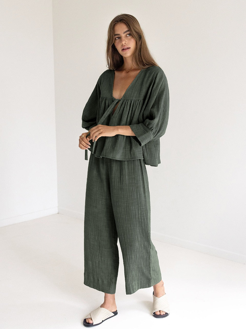 Linad Cotton 2 Piece Sets Women&#39;s Nightwear Three Quarter Sleeve V Neck Lace Up Pajamas Loose Trouser Suits Female Sleepwear