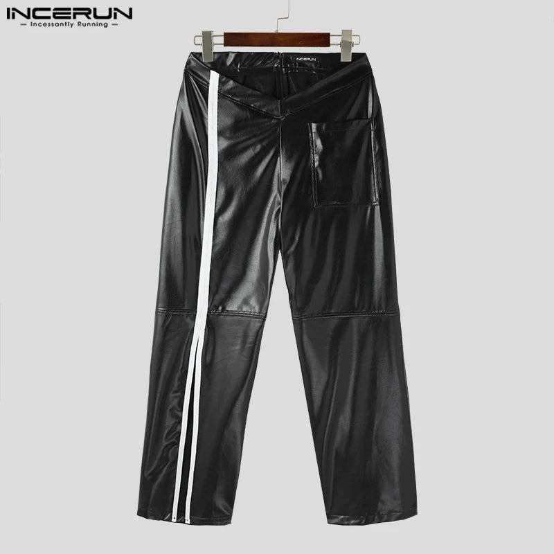 INCERUN Men Pants PU Leather Patchwork Zipper Loose Joggers Fashion Trousers Men Streetwear Pockets 2024 Casual Pantalon S-5XL