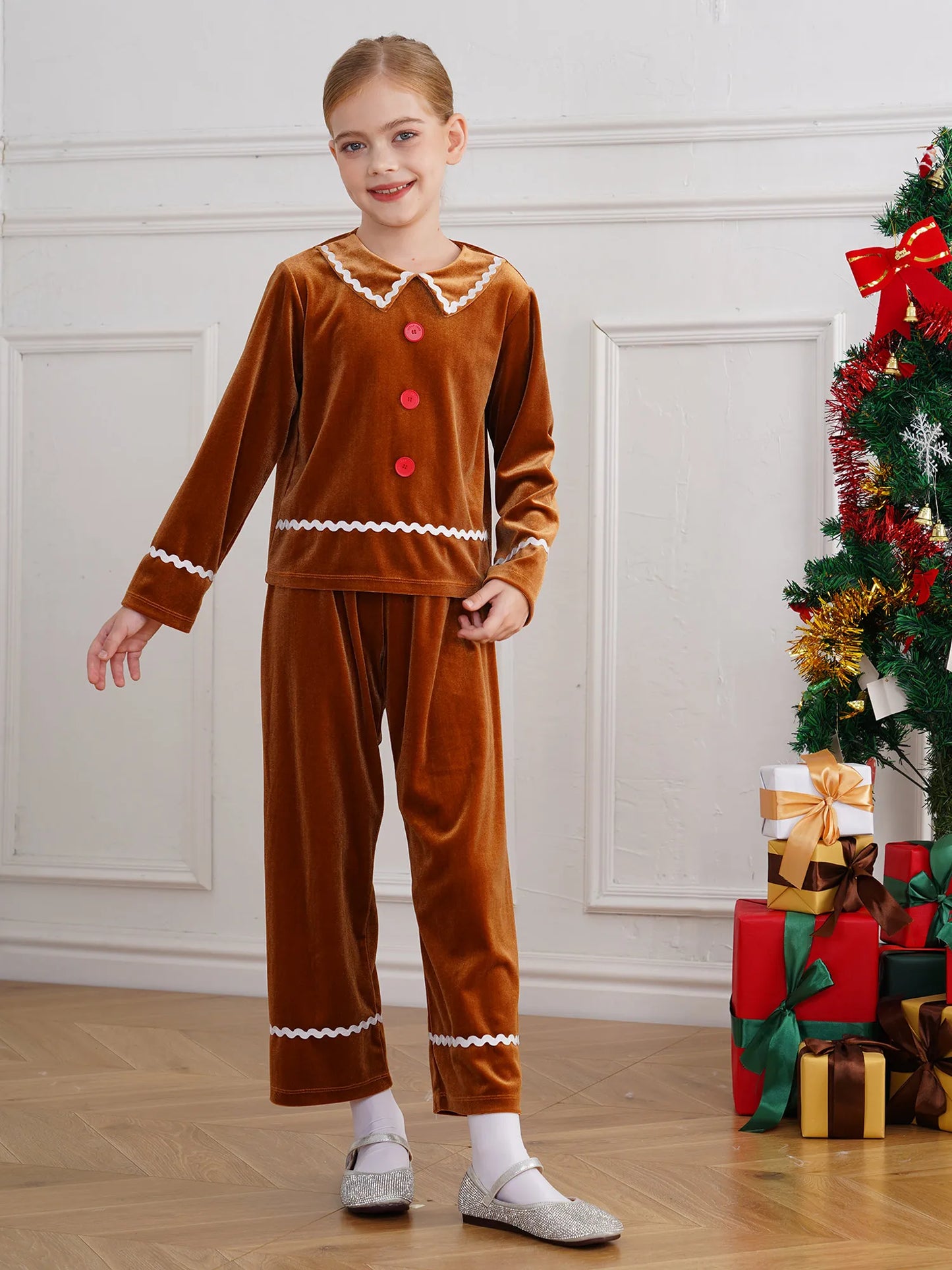 Girls Christmas Gingerbread Man Costume Velvet Long SleeveTop with Pants for Xmas Holiday Cookie Cosplay Dress Up Party