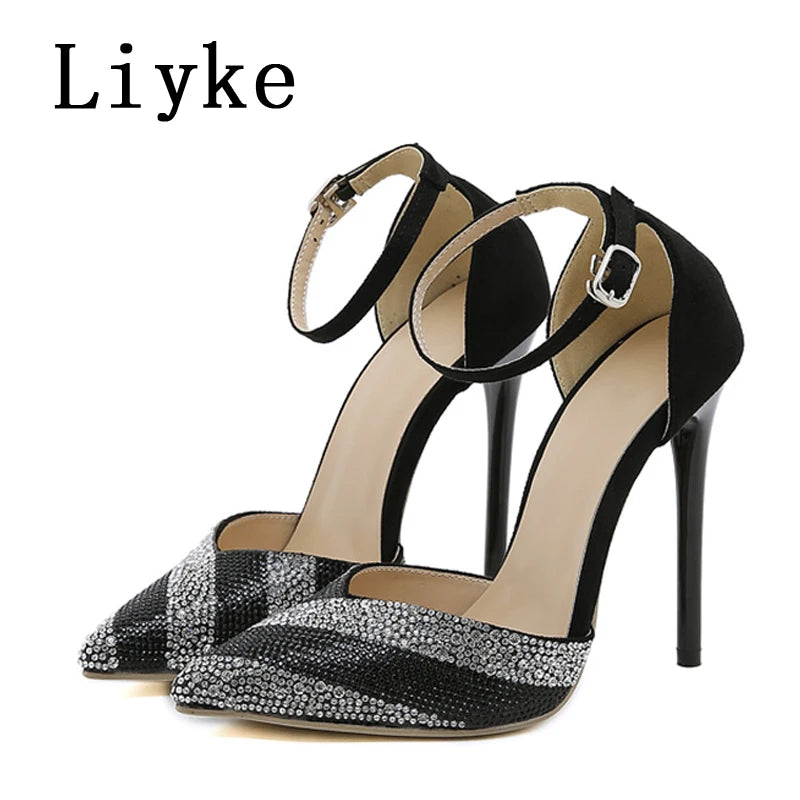 Liyke Big Size 42 Rhinestone Women Pumps Sandals Sexy Crystal Pointed Toe Slingback High Heels Party Dress Shoes Zapatos Mujer
