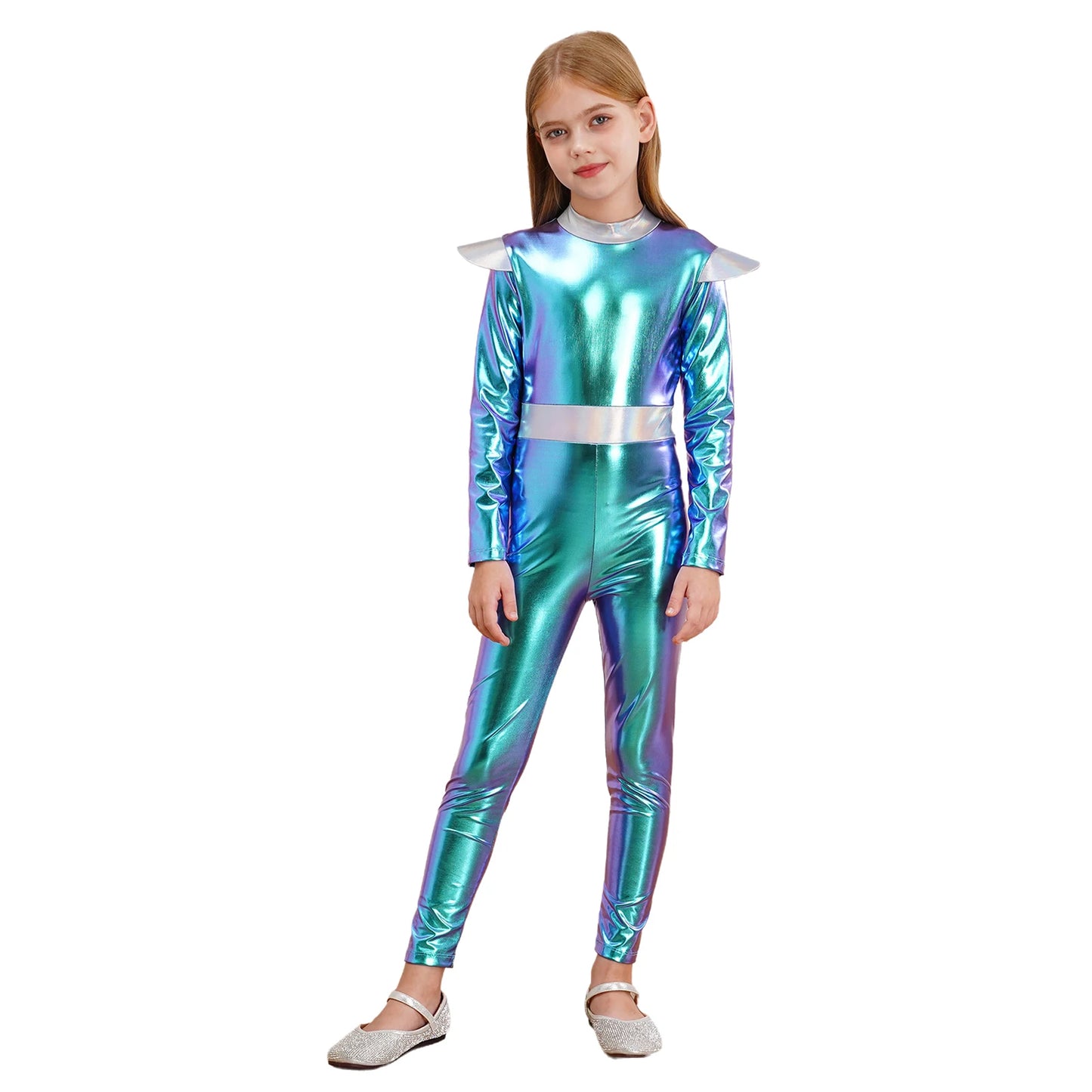 Kinder Mädchen Alien Kostüm Weltraum Kadett Holographische Metallic Ganzkörper Bodysuit Overall Halloween Party Cosplay Dress Up