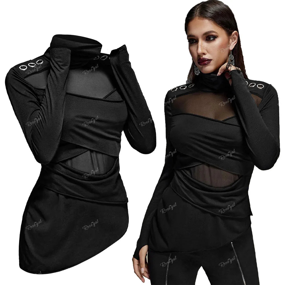 Ros gal Plus Size Gothic T-Shirts schwarz Roll kragen Mesh Panel asymmetrisch geraffte Tops Frauen Frühling Herbst Langarm Blusen