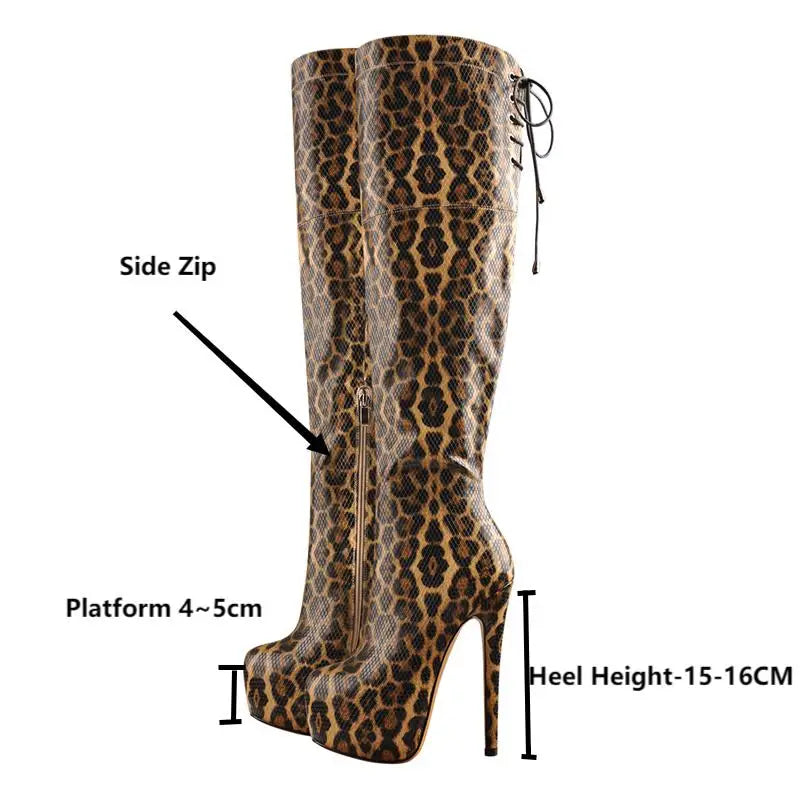 Only maker Frauen Plattform über dem Knie hohe Stiefel Leoparden muster Reiß verschluss dünne High Heel große Größe Stiletto sexy Frau Stiefel