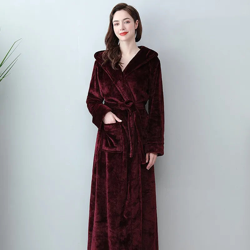 Extra lange Winter Korallen Fleece Bademantel Frauen Kapuze warme Kimono Bademantel gemütliche Kimono Dusch roben lose Peignoirs Nachthemd