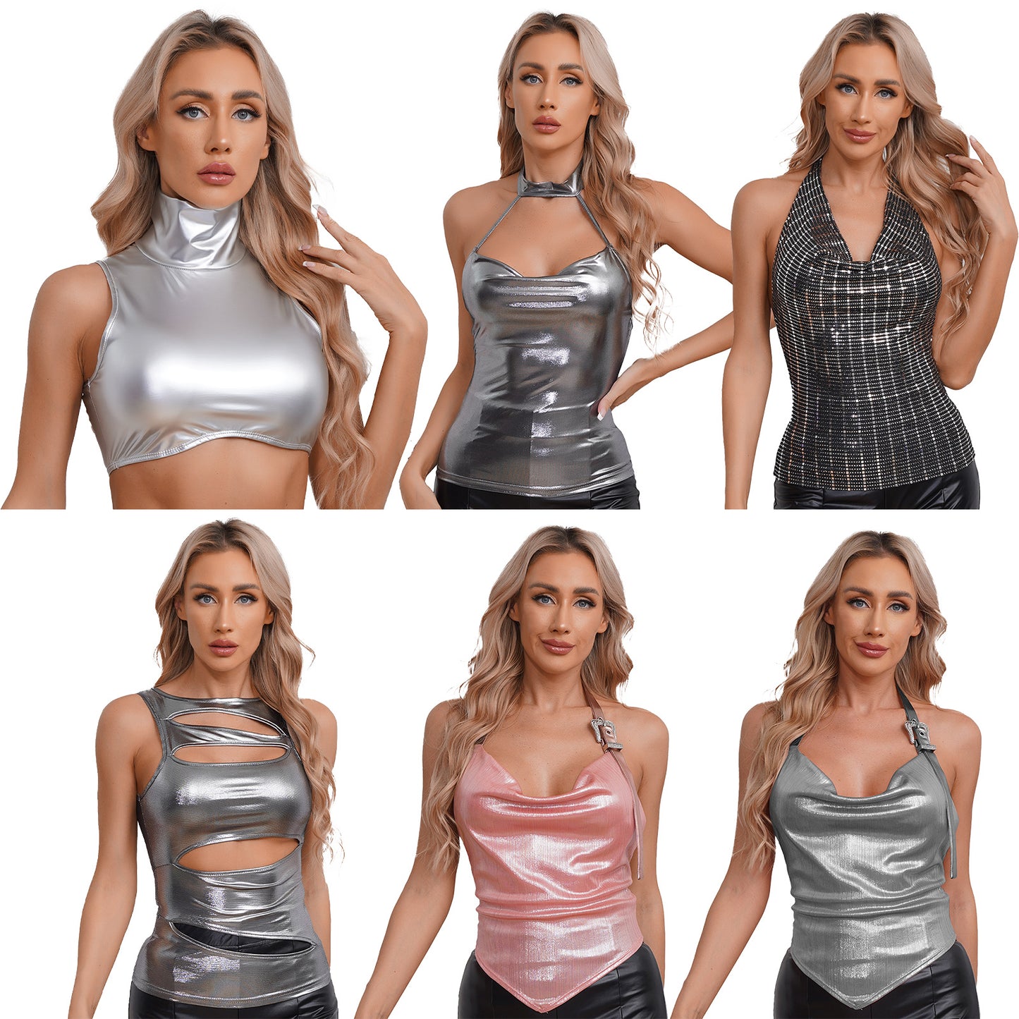 Damen exotische Tanks Clubwear Metallic glänzende Crop Top Weste solide Bodycon Neck holder ärmellose rücken freie Slim Fit T-Shirt Unterhemd Tops