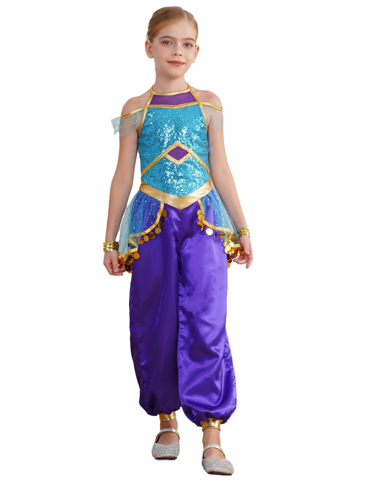 KIds Girls Arabian Princess Costume Indian Bollywood Belly Dance Jumpsuit Halloween Party Fairy Tale Pretend Play Fancy Dress